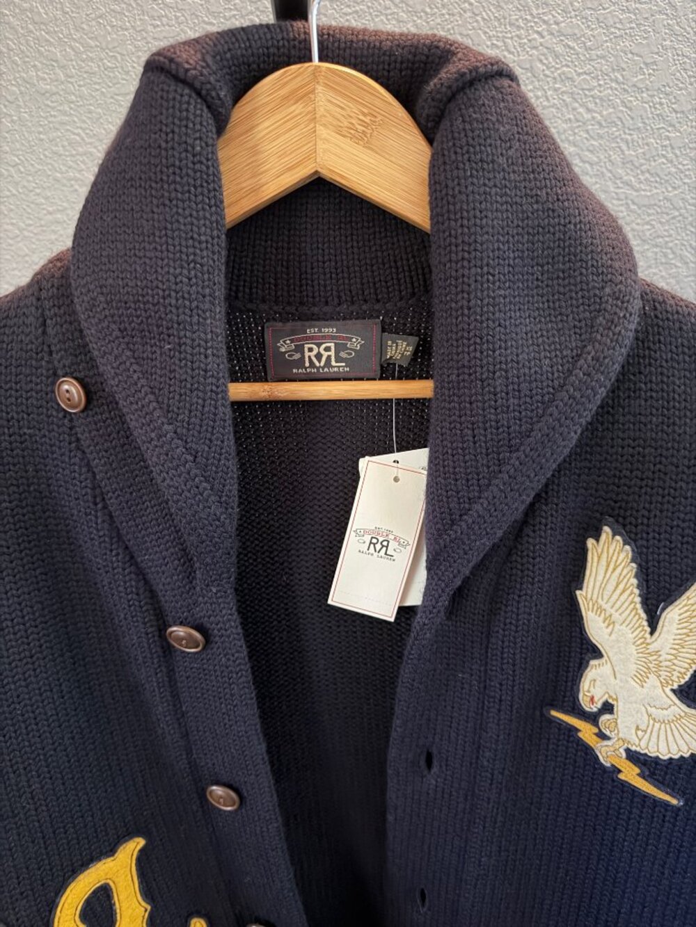 RRL Ralph Lauren Shawl Collar Appliqued Wool Cardigan Navy XS Unisex NWT Perfect - Picture 6 of 12